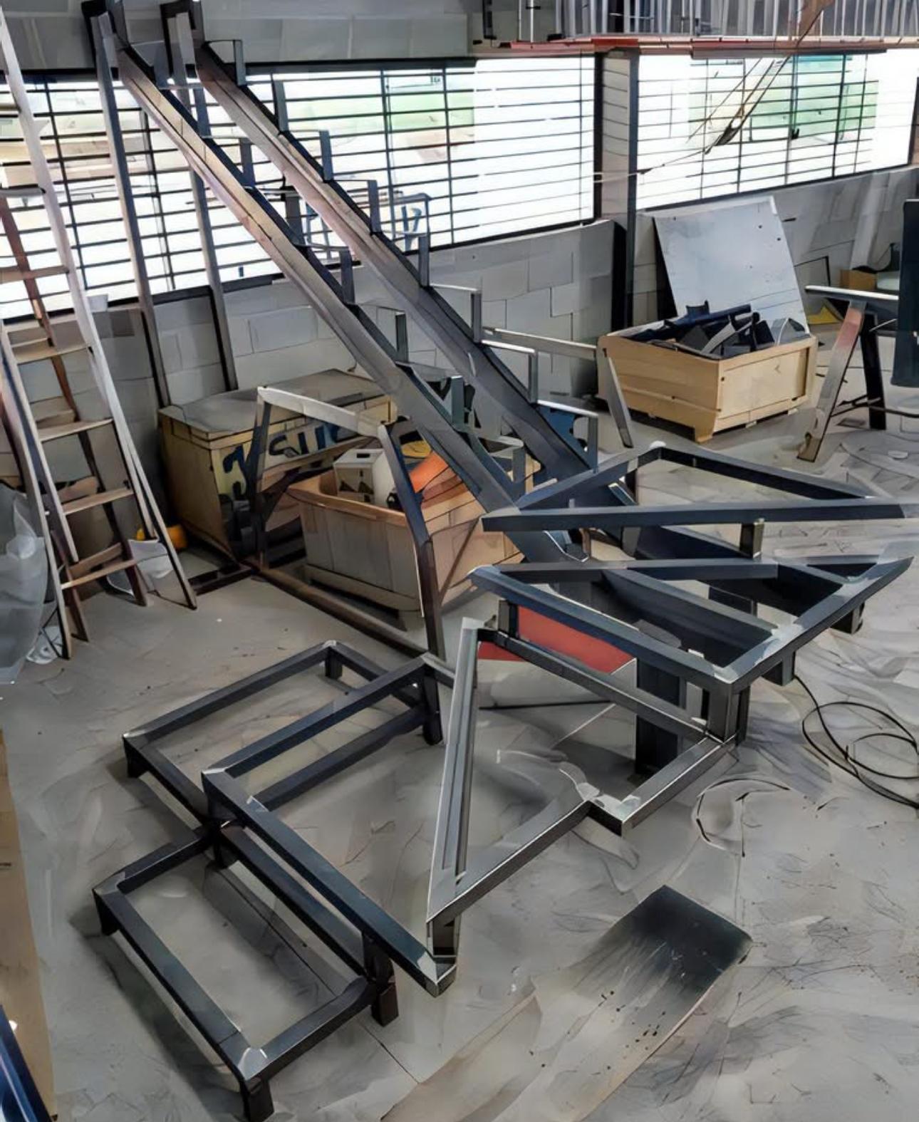 Steel stair stringers and frames during fabrication
